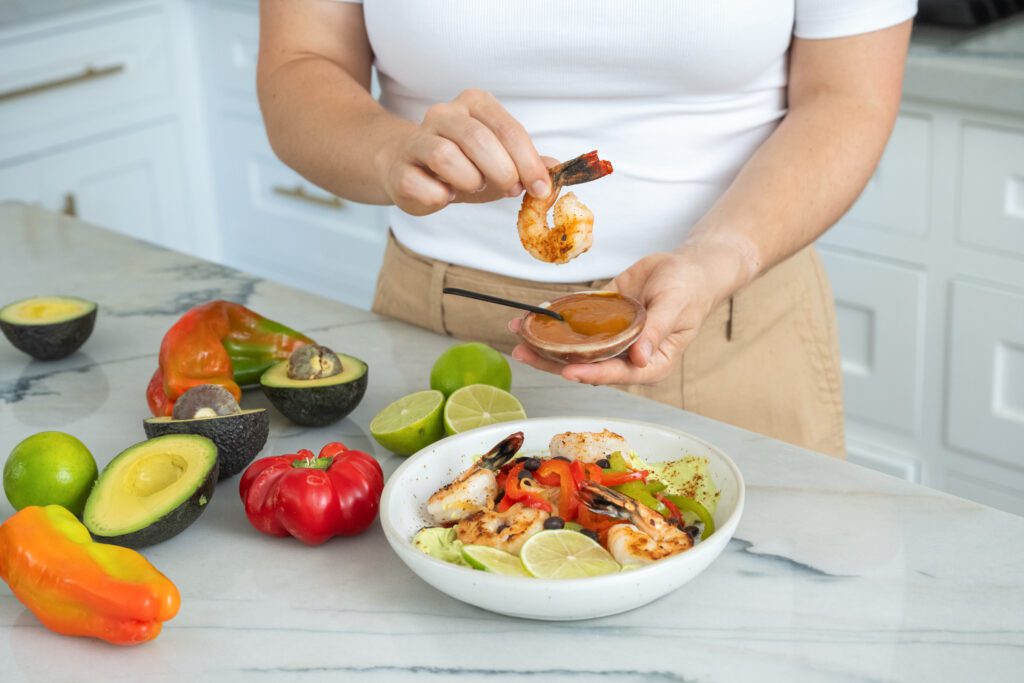 Shrimp Fajita Bowl with Avocado Crema By BeingBrigid