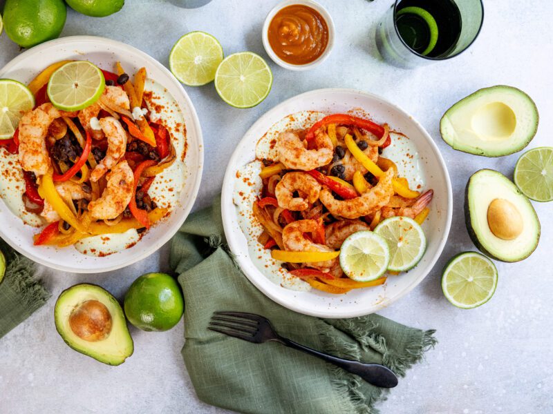 Shrimp Fajita Bowl with Avocado Crema By BeingBrigid