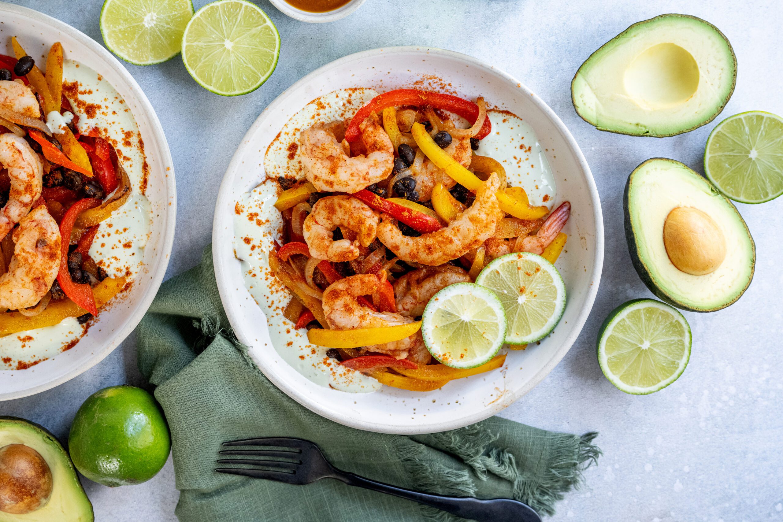 Shrimp Fajita Bowl with Avocado Crema By BeingBrigid